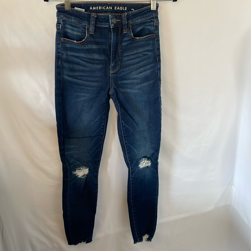 American eagle blue jeans distressed super high rise jegging size‎ 2